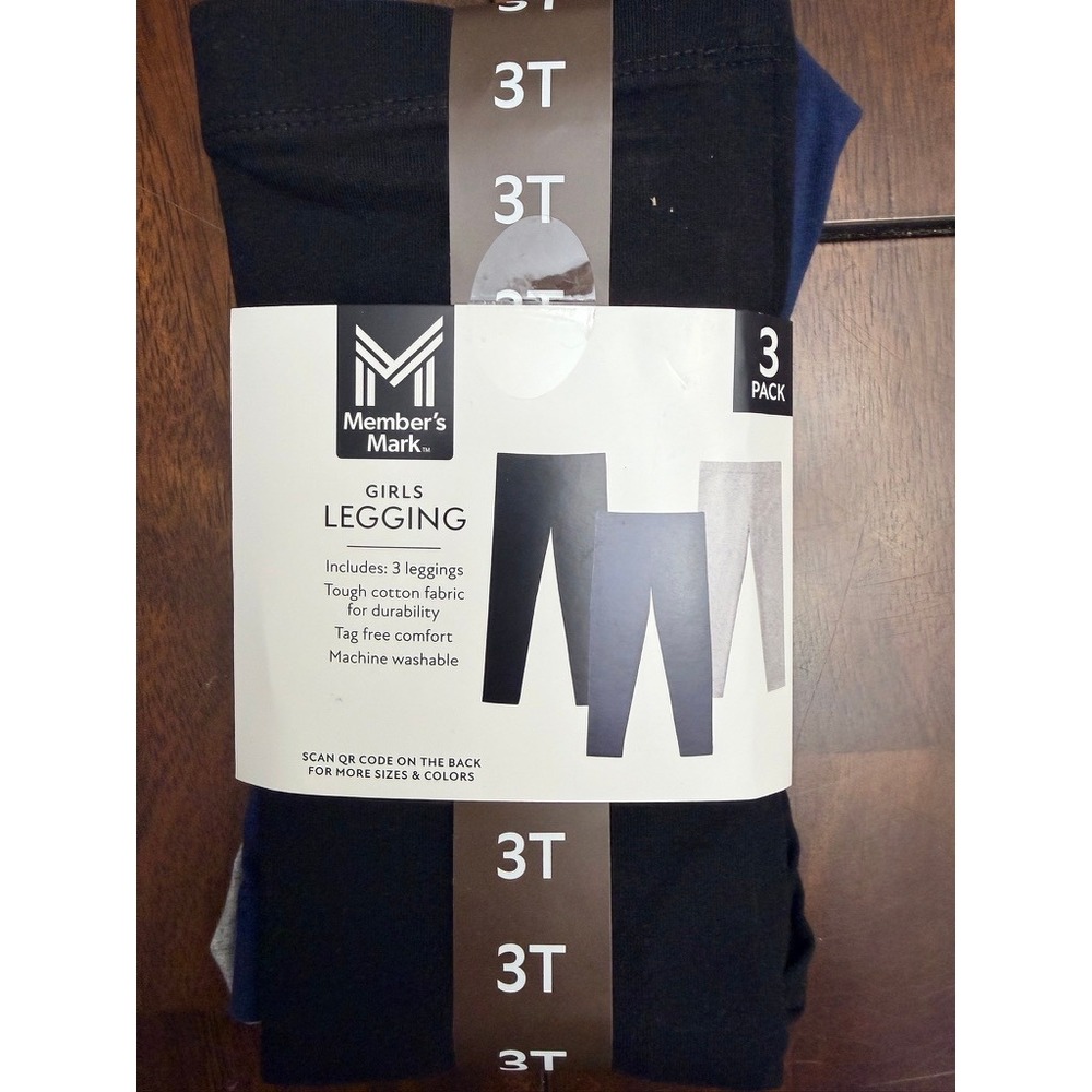 Member's Mark Leggings Girls 3T Black Blue‎ Gray 3-Pack Cotton Stretch NWT